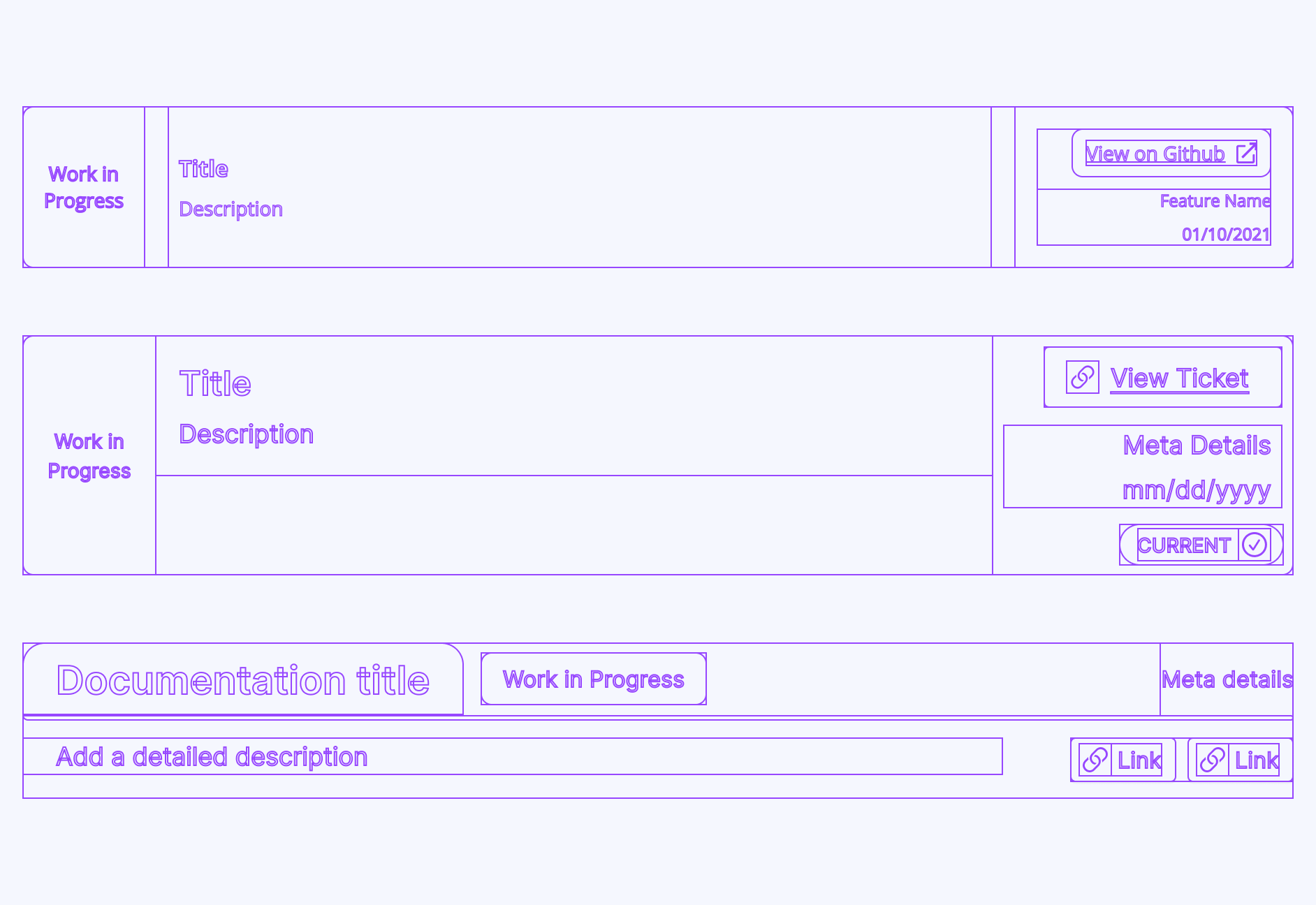 A comparison of the three versions of the documentation header component, illustrated as outlines of each component